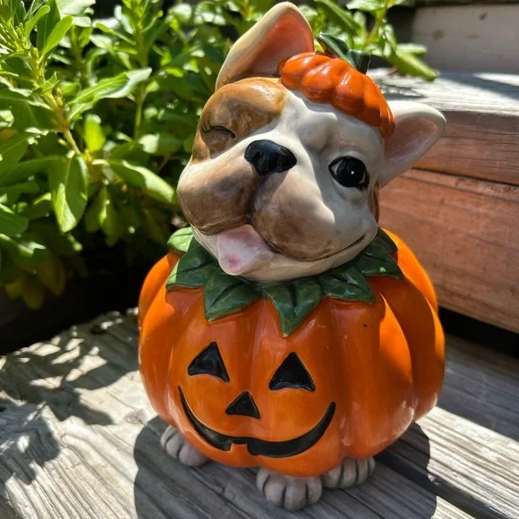 Blue Sky Halloween Frenchie Bulldog Dog Pumpkin Figurine Ceramic Statue Decor - Picture 1 of 6